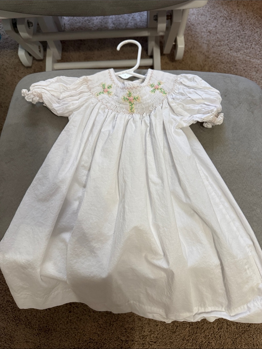 White Smocked Kids Nightgown with Delicate Pink & Green Embroidery